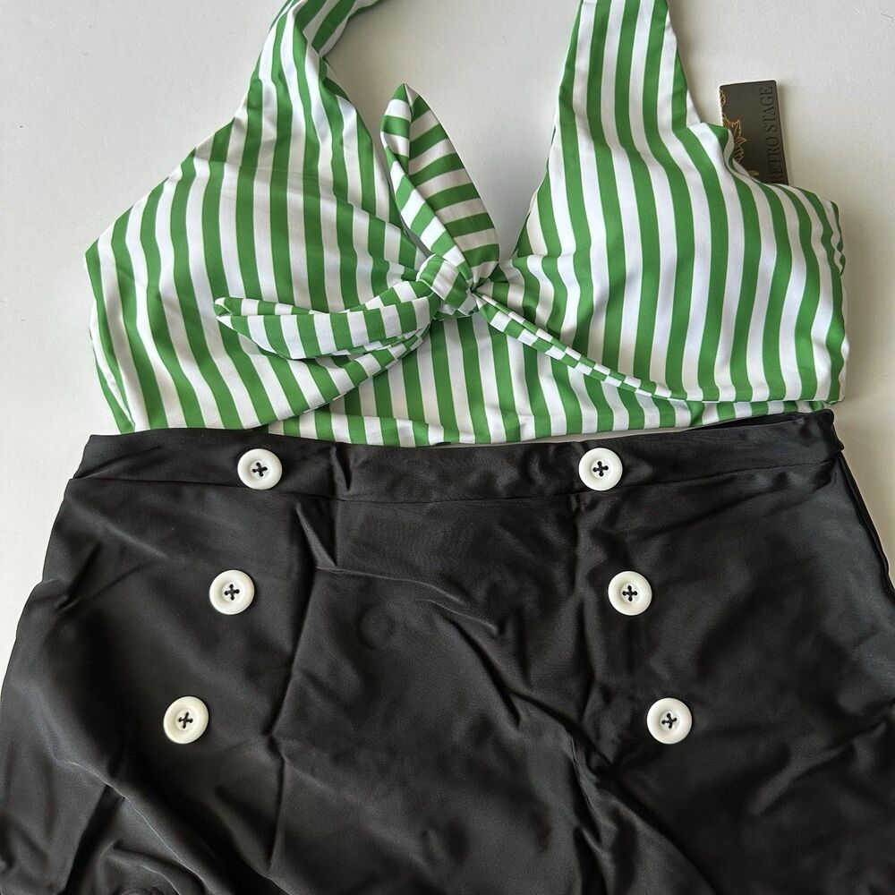 New Retro Stage 1950s Style Swimsuit Bikini Green Stripes White Black Buttons 8